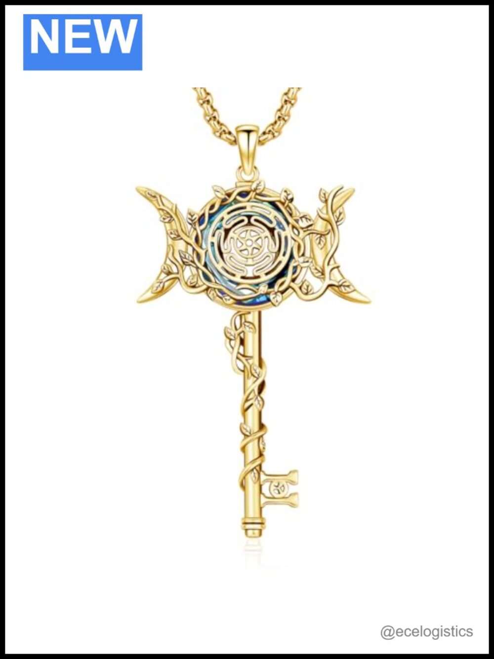 Hecate Triple Moon Key Pendant Necklace 925 Sterling Silver Gold Plated